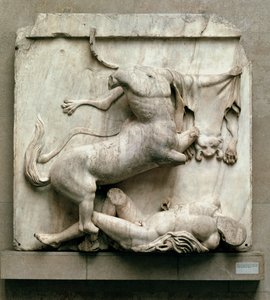 En kentaur som triumferer over en Lapith, metope XXVIII fra sørsiden av Parthenon, 447-432 f.Kr. (marmor)